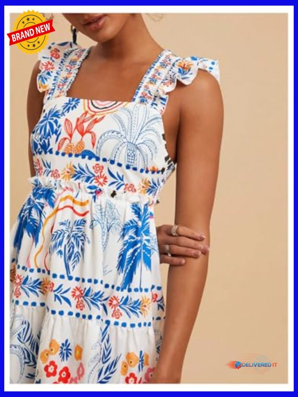 Floral Tropical Graphic Short Dress Ruffle Hem Sleeveless Tank - Picture 4 of 6